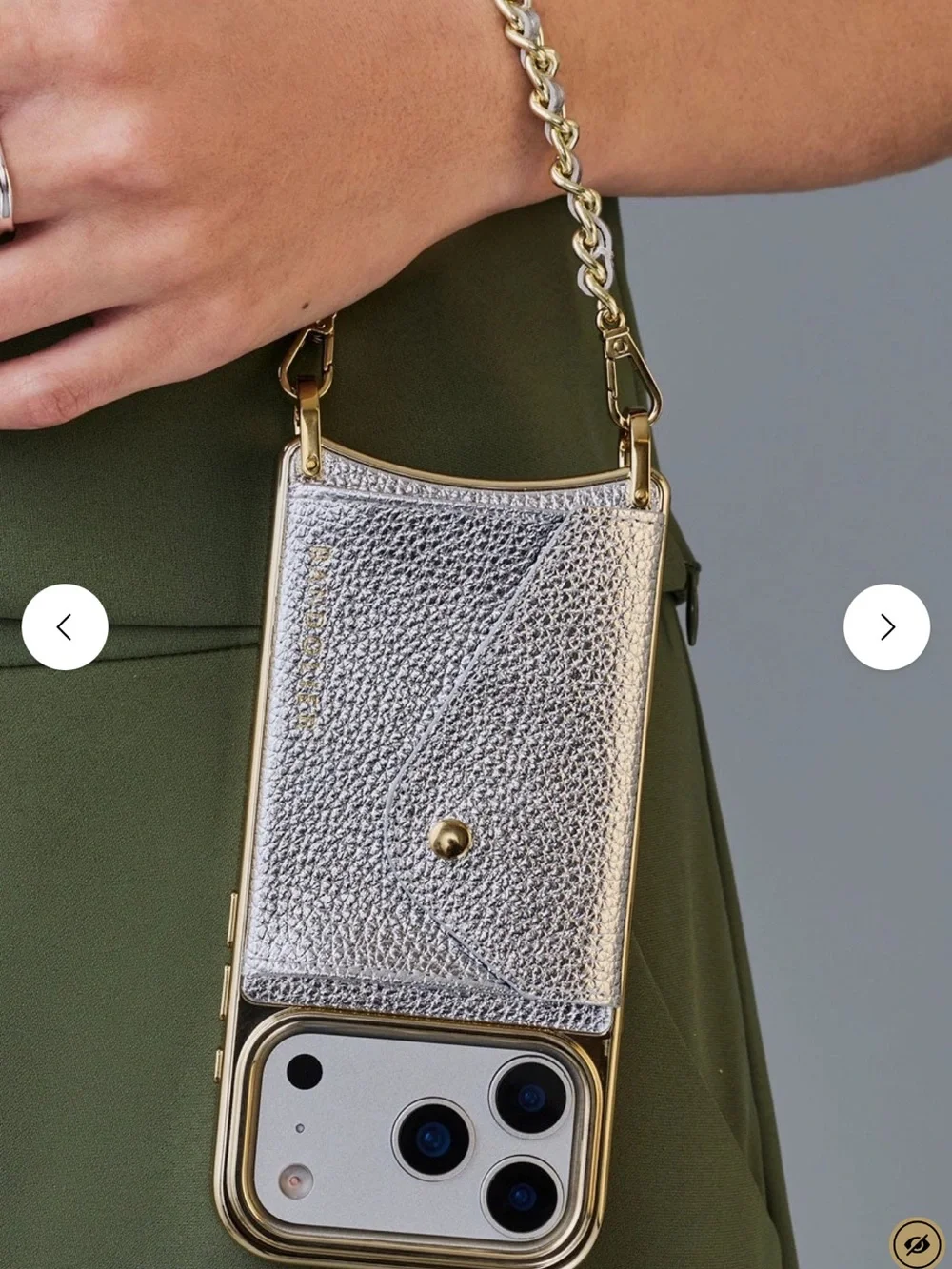 Bandolier Silver Leather Crossbody Phone Wallet with Gold Chain Accent